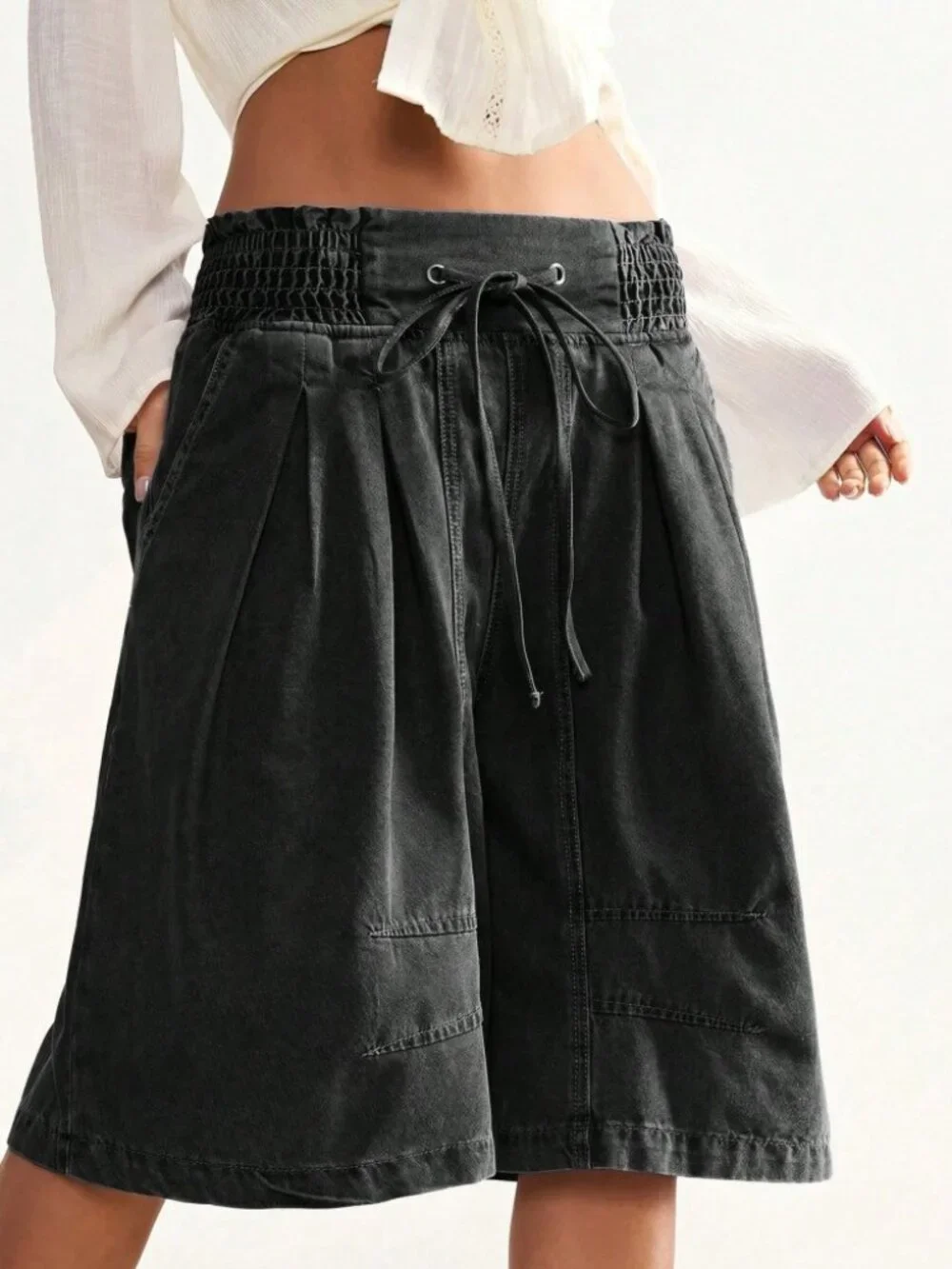 Black Denim Bermuda Shorts - Smocked Waist Drawstring
